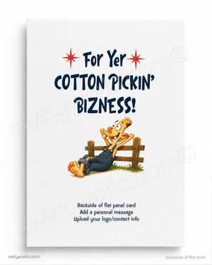 Cartoon character in overalls sitting on a fence with text 'For Yer Cotton Pickin' Bizness!' on a white background.