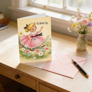 A Mother's Day card with a young girl in a pink dress and a bow, placed on a wooden desk next to a vase of flowers and an envelope with a pen.