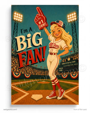 Vintage-style poster of a female baseball fan holding a '#1 Fan!' foam finger with stadium in the background.