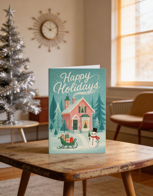 A Christmas card with a winter scene and a snowman is displayed on a wooden table in a cozy living room with a Christmas tree and a clock on the wall.