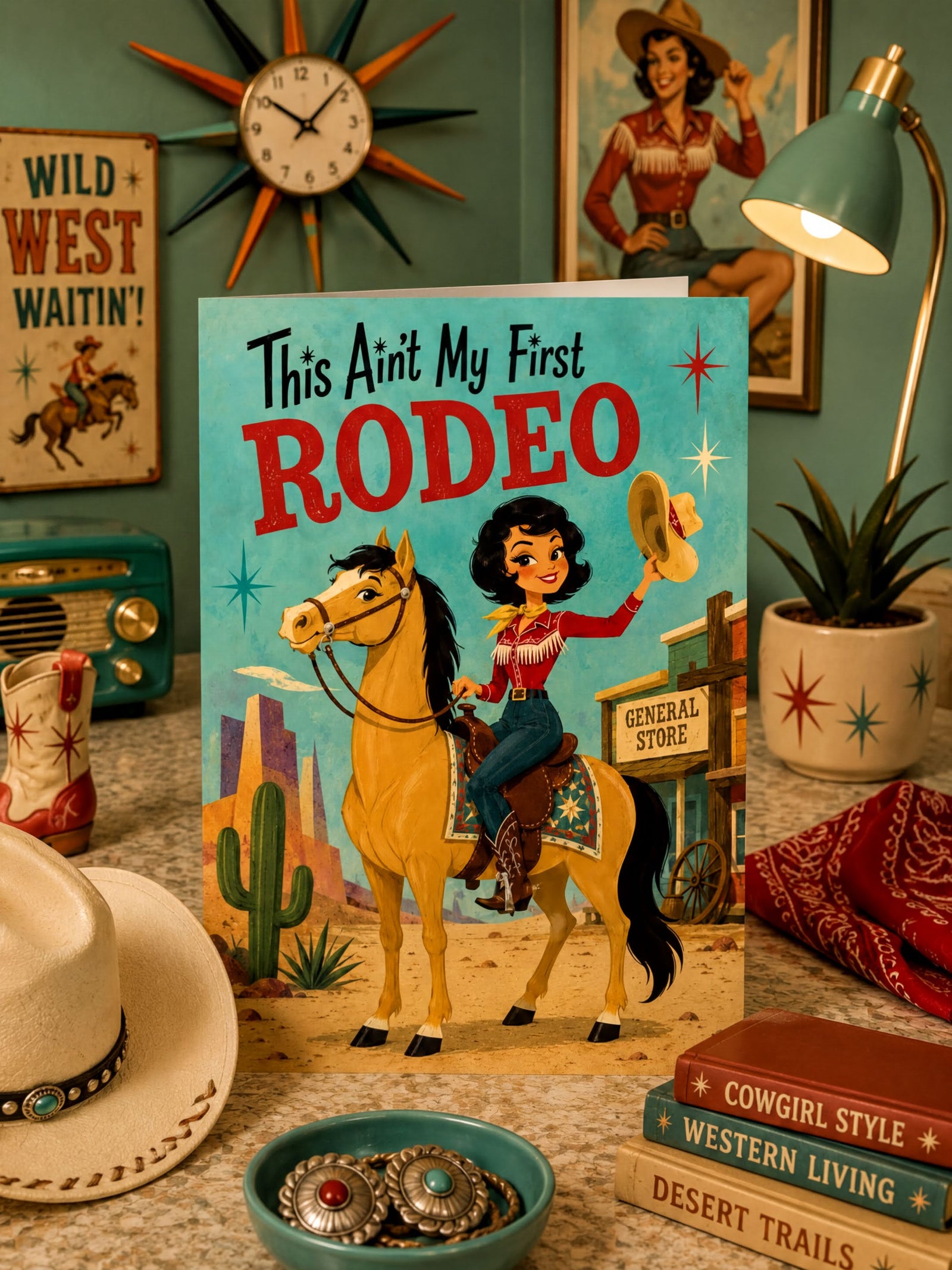 A folded greeting card shown upright on a white background. The front features retro western artwork with the text 'This Ain't My First RODEO' above an illustrated woman riding a tan horse in a desert town scene.
