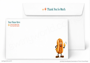 a white envelope with a cartoon hot dog character on it. The envelope has a "Thank You So Much" message printed on it, and the character is depicted as a smiling hot dog. The envelope appears to be a printed envelope, as indicated by the text "printed envelopes (example of front/back flap)" and the website "swiftyworld.com©".