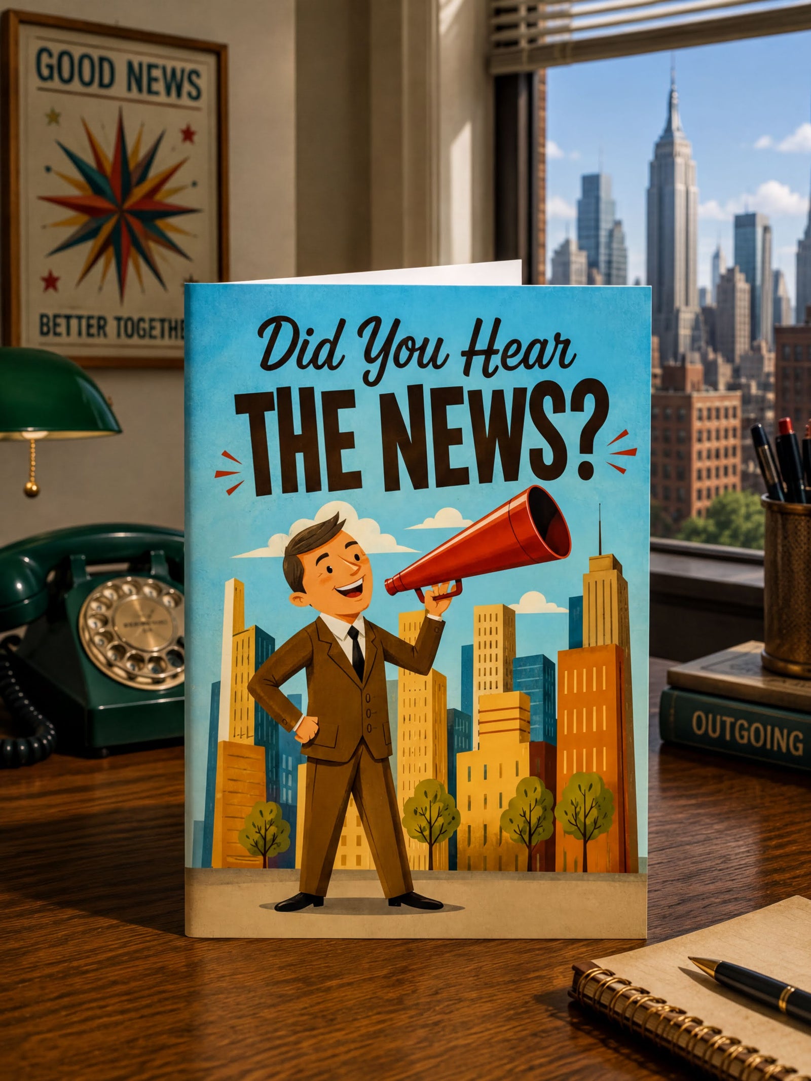 A man in a suit is holding a megaphone and standing in front of a cityscape, with the text "Did You Hear the News?" displayed above him.