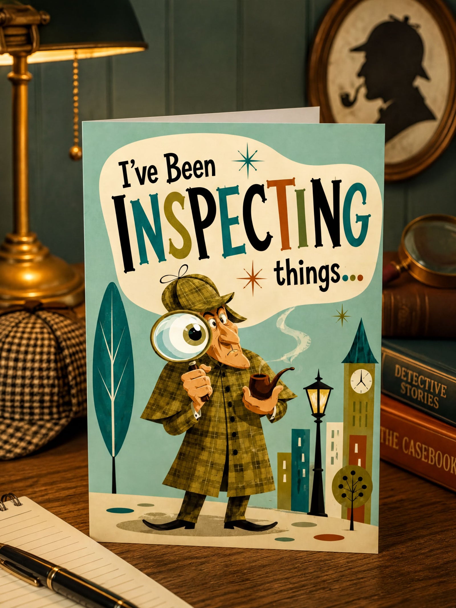 Card with a detective holding a magnifying glass and pipe, with text 'I've Been Inspecting Things' on a cityscape background.
