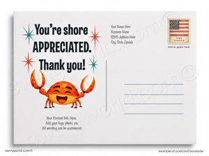 The image is a postcard featuring a smiling crab and text that reads "You're shore appreciated. Thank you!" The postcard also includes a stamp and a blank space for a message.