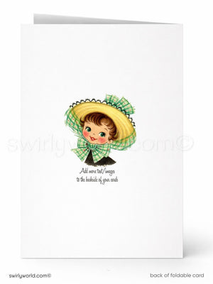 Vintage-style greeting card with a girl in a yellow bonnet and green checkered ribbon on a white background.