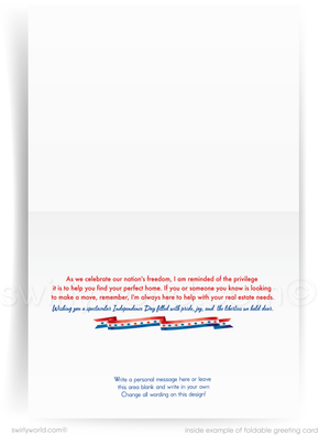 The image is a blank greeting card with a patriotic message written in red and blue colors.