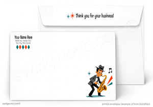 Greeting card with a cartoon character playing a saxophone and an envelope with 'Thank you for your business!' text.