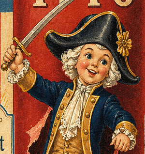A young boy in a pirate costume, holding a sword and smiling, is the central focus of the image.