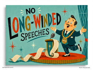 Cartoon character in a suit with a podium and text 'No Long-Winded Speeches' on a blue background