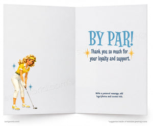 Greeting card with a golfer illustration and text on a white background