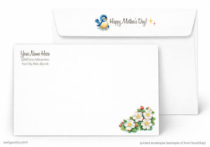 Mother's Day card with envelope featuring a cartoon penguin and floral design.