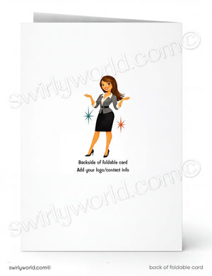 A folded white greeting card shown front and back on a white background. The front features a small illustrated woman in a gray blazer and black skirt with star accents, and the back has placeholder text reading 'Backside of foldable card' and 'Add your logo/contact info'.