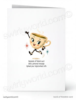 A white card with a cartoon illustration of a cup of coffee with a smiling face and dancing arms, along with some text instructions for adding a personal message.