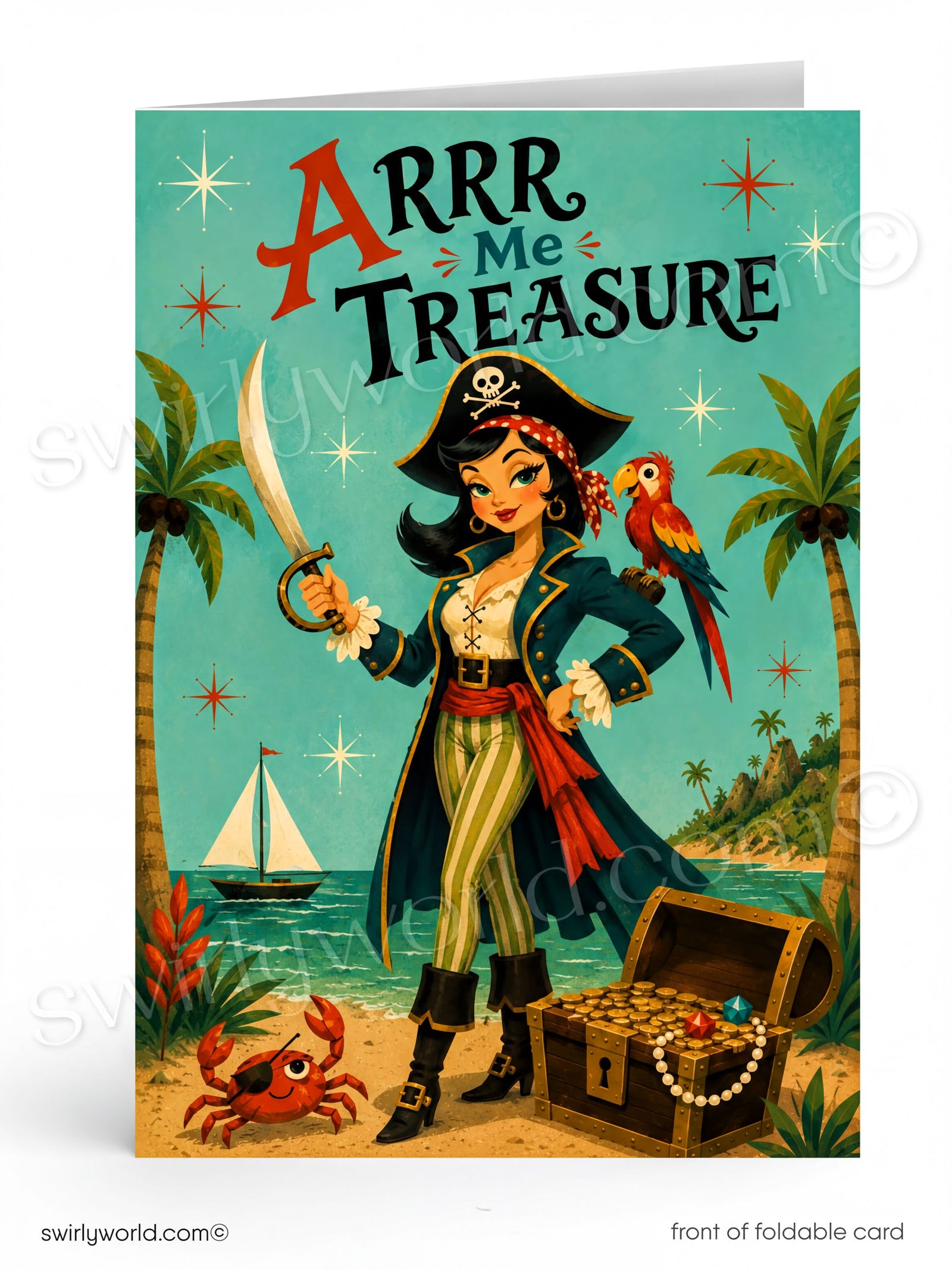 A foldable greeting card featuring a retro pirate illustration with the text 'Arrr Me Treasure' on a turquoise background, with palm trees, a treasure chest, parrot, and a woman in pirate attire.