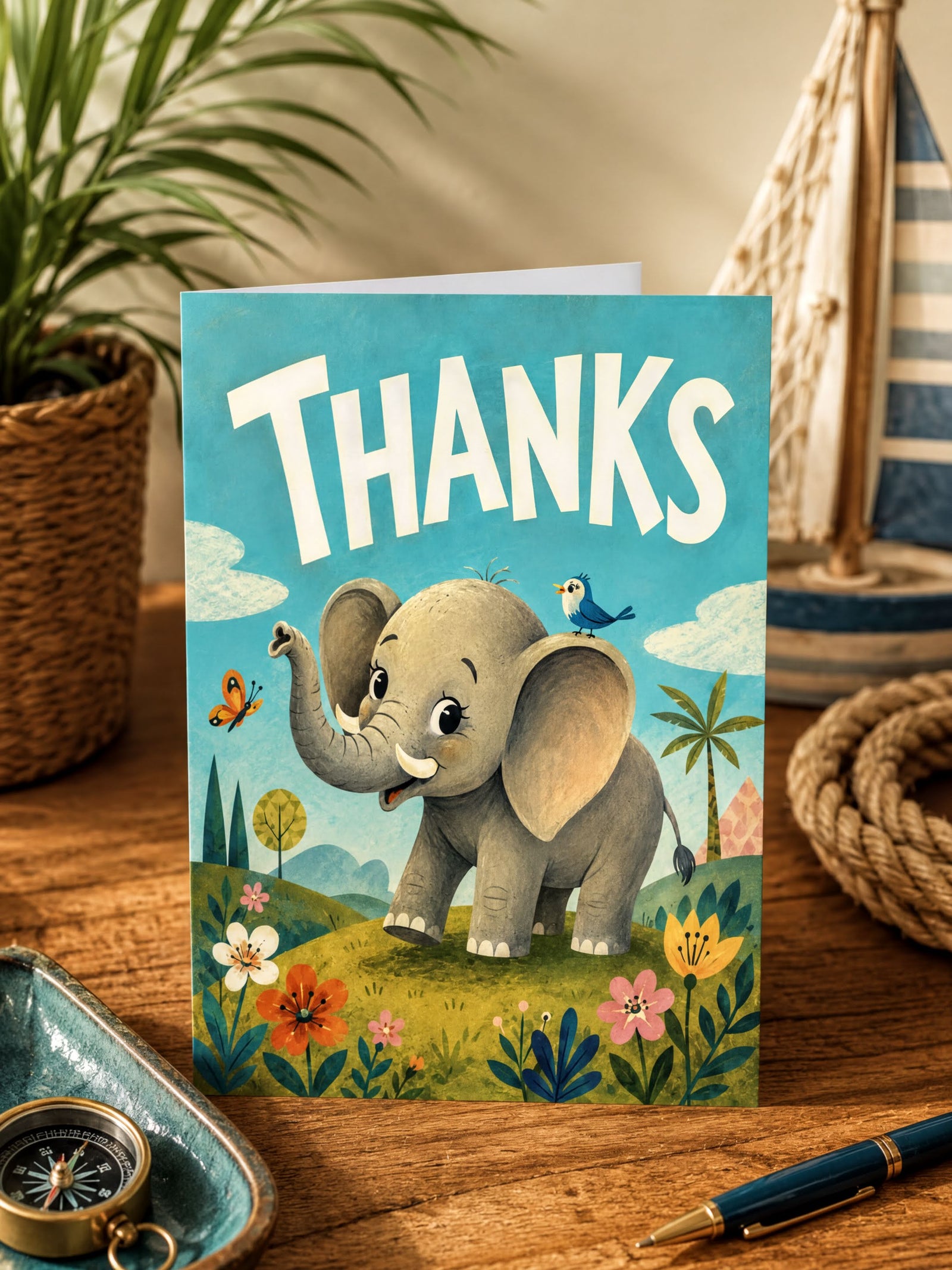 Card with an elephant and bird in a scenic background, featuring the word 'THANKS'.