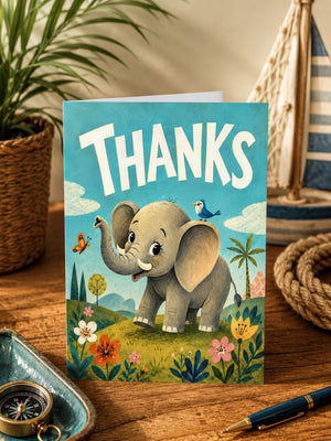 A colorful card with an illustration of an elephant and various flowers, along with the word "Thanks" written on it, placed on a wooden surface.