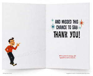 Open card with cartoon character and text 'And missed this chance to say: Thank you!' on a white background