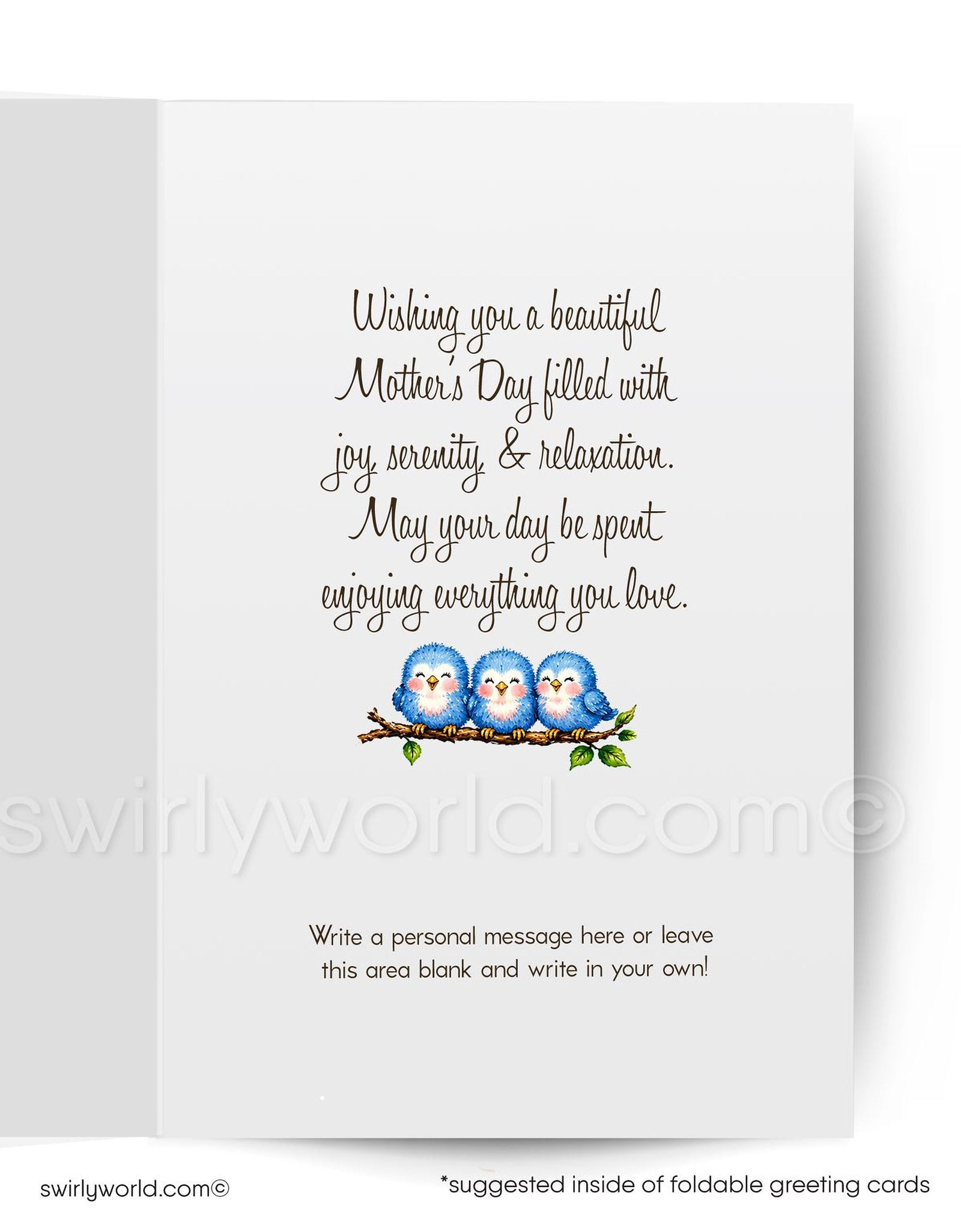 Mother's Day card with blue birds in a nest and a pink balloon on a colorful background.