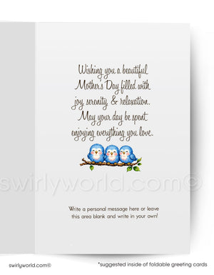 Foldable greeting card with blue birds and Mother's Day message on a white background
