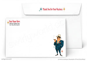 A white envelope with a cartoon illustration of a man in a suit holding a cigar. The envelope has a message that says "Thank You For Your Business" and a space for the recipient's name and address.