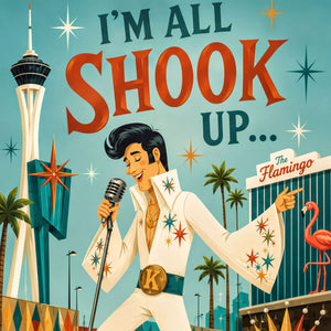 The image is a vibrant illustration featuring a man dressed in a white suit with colorful stars, holding a microphone and singing in front of a Las Vegas skyline with a flamingo.