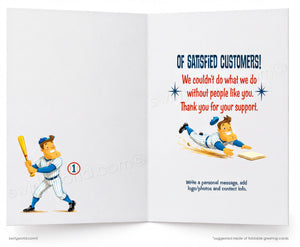 Open card with cartoon baseball player and text thanking satisfied customers.