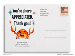The image is a postcard featuring a smiling crab and text that reads "You're shore appreciated. Thank you!" The postcard also includes a stamp and a blank space for a message.