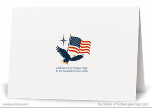 an eagle flying with an American flag in the background.