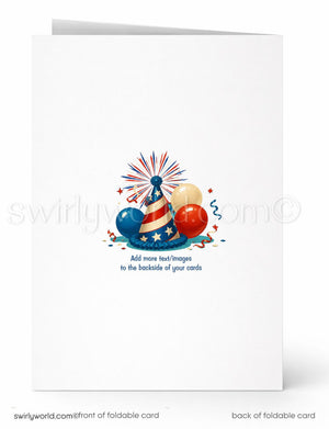 The image is a white card with a patriotic design featuring a party hat, balloons, and fireworks. The text on the card provides instructions for adding more images to the backside of the card.