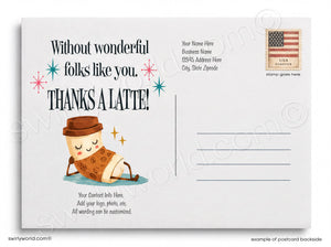 Customizable coffee-themed postcard backside template with the text 'Without wonderful folks like you. THANKS A LATTE!' and a cute illustrated coffee cup character wearing a hat, plus placeholder address and stamp areas.