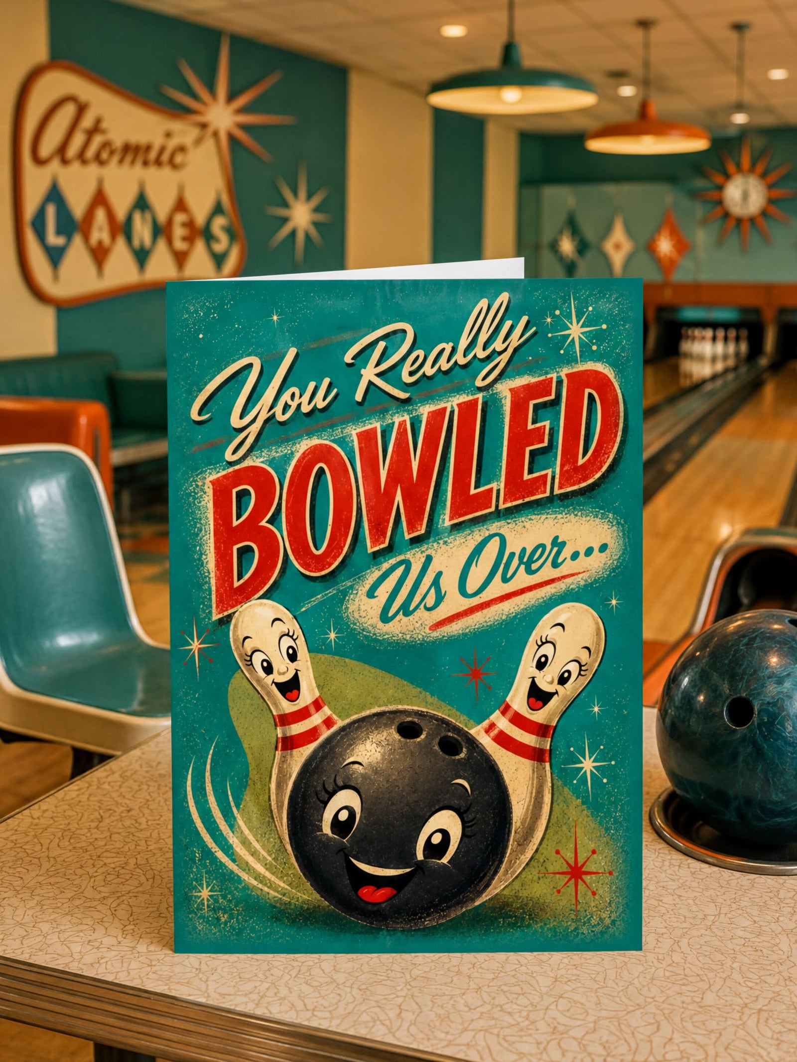 Vintage-style greeting card with a bowling ball and pins design, featuring the text 'You Really Bowled Us Over'.