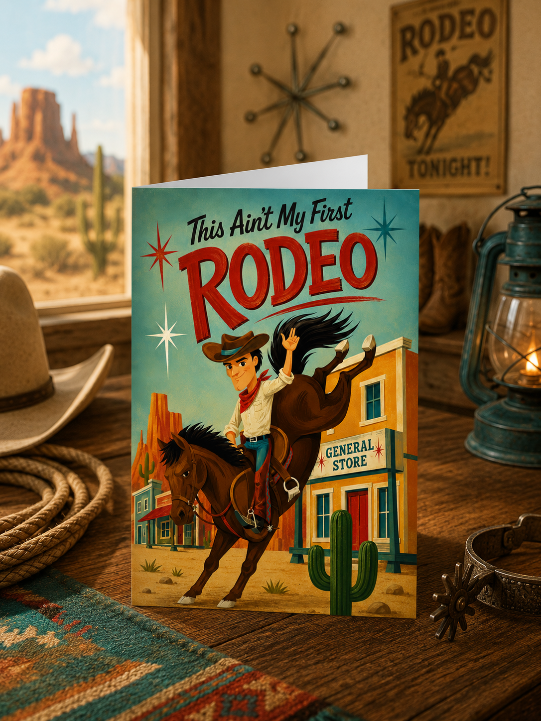 A folded greeting card featuring a retro western illustration with the text 'This Ain't My First RODEO.' A cowboy rides a brown horse in front of western-style buildings, including a 'GENERAL STORE' sign and a cactus, on a teal background.