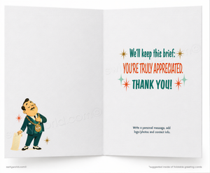 Open card with cartoon character and text 'You're truly appreciated. Thank you!' on a white background