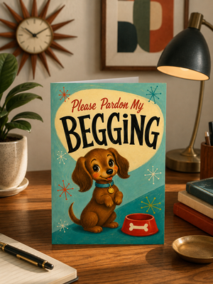 A retro-style greeting card featuring a cartoon brown puppy next to a red bone-shaped bowl, with the text 'Please Pardon My BEGGING' on a teal background. The card is displayed on a wooden desk in a cozy room setting with a lamp, plant, and other desk accessories.