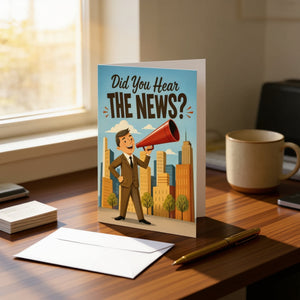 a greeting card with an illustration of a man holding a megaphone and standing in front of a cityscape, with the text "Did You Hear the News?" displayed on the card.