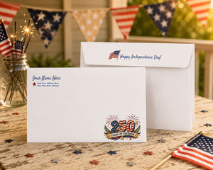 a white envelope with a "Happy Independence Day!" message and an American flag design, along with a "250 Years of Freedom" emblem, placed on a table with American flags and sparklers in the background.