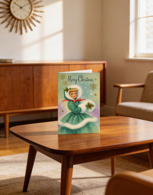 A Christmas card featuring a woman in a green dress with a white fur trim is displayed on a wooden coffee table in a living room setting.