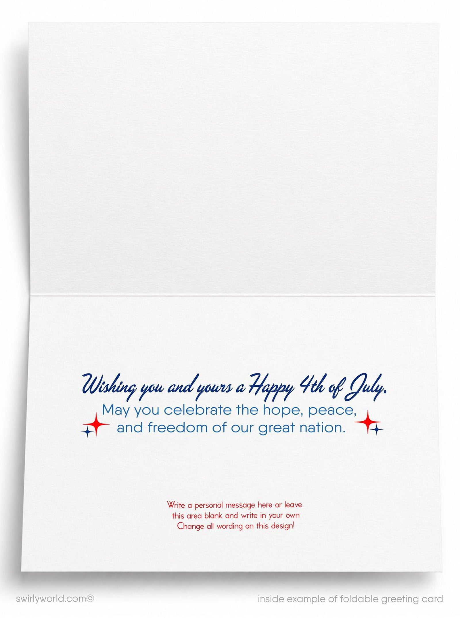 The image is a greeting card with a patriotic theme, featuring a blue background with red, white, and blue fireworks and stars. The card has a message that reads "Happy 4th of July From, Your Name" and includes a folded design.