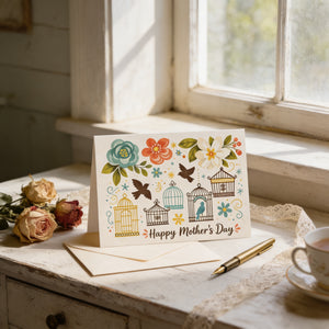 A Mother's Day card with a floral design and birdcages sits on a wooden table, accompanied by a cup of tea and a bouquet of roses.