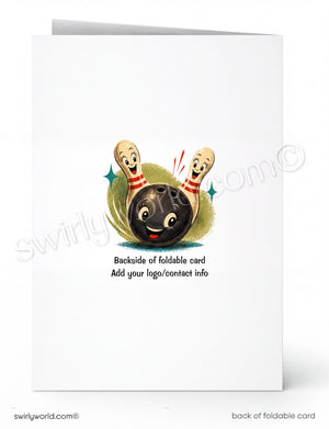 Backside of a foldable card with a bowling design and text.