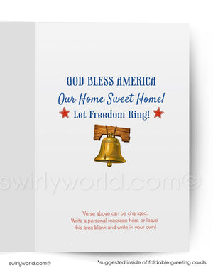 The image is a greeting card with a patriotic theme, featuring a bell and a wooden beam, along with a message that says "God Bless America Our Home Sweet Home! Let Freedom Ring!" The card also includes instructions for the viewer to write a personal message above the bell and leave it blank to be filled in with their own message.