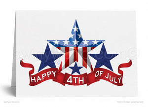 A greeting card with a patriotic design featuring a star and two blue stars, along with a red ribbon and the text "HAPPY 4TH OF JULY".