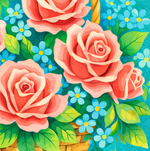 A vibrant floral arrangement featuring pink roses, blue flowers, and green leaves against a blue background.