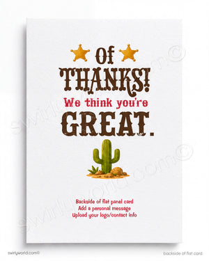 The image is a flat panel card with a desert-themed design, featuring a cactus and two stars. The card has a message that reads "Of thanks! We think you're great." The card is described as a "backside of flat panel card" and provides instructions to "Add a personal message. Upload your logo/contact info."