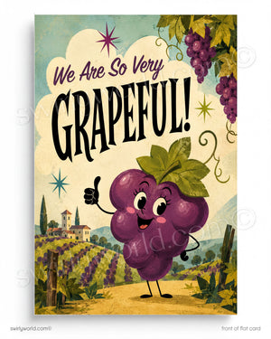 The image is a colorful illustration featuring a grape character with a thumbs-up gesture, surrounded by a vineyard and a cloudy sky with stars. The text "We Are So Very Grapeful!" is prominently displayed above the grape character.