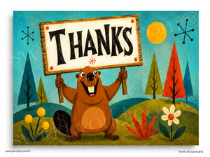 Cartoon beaver holding a 'THANKS' sign with a retro-style landscape in the background.