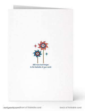 The image is a white card with a colorful illustration of two pinwheels and stars on the back. The card has instructions for adding more text or images to the backside of the card.