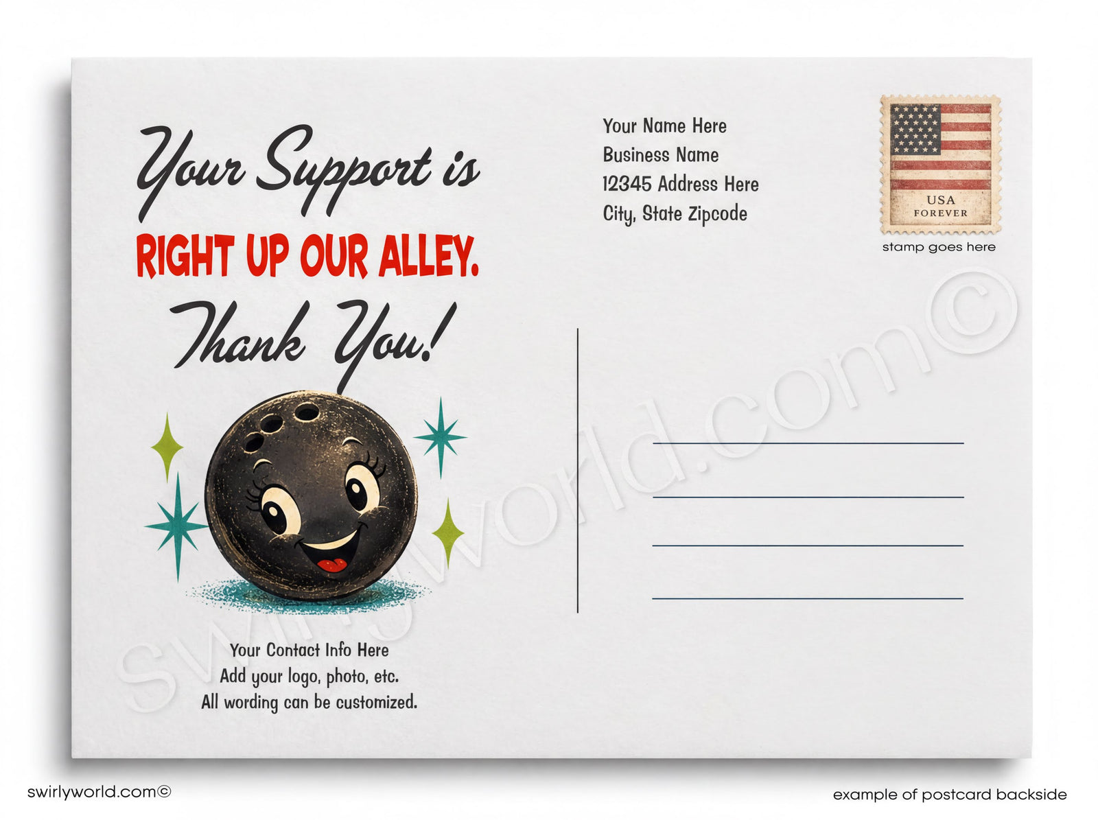 Vintage-style poster with bowling pins and a ball, featuring text 'You Really Bowled Us Over' on a teal background.