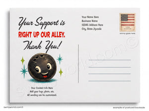 Postcard with a bowling ball graphic and text thanking support, featuring an American flag and address fields.